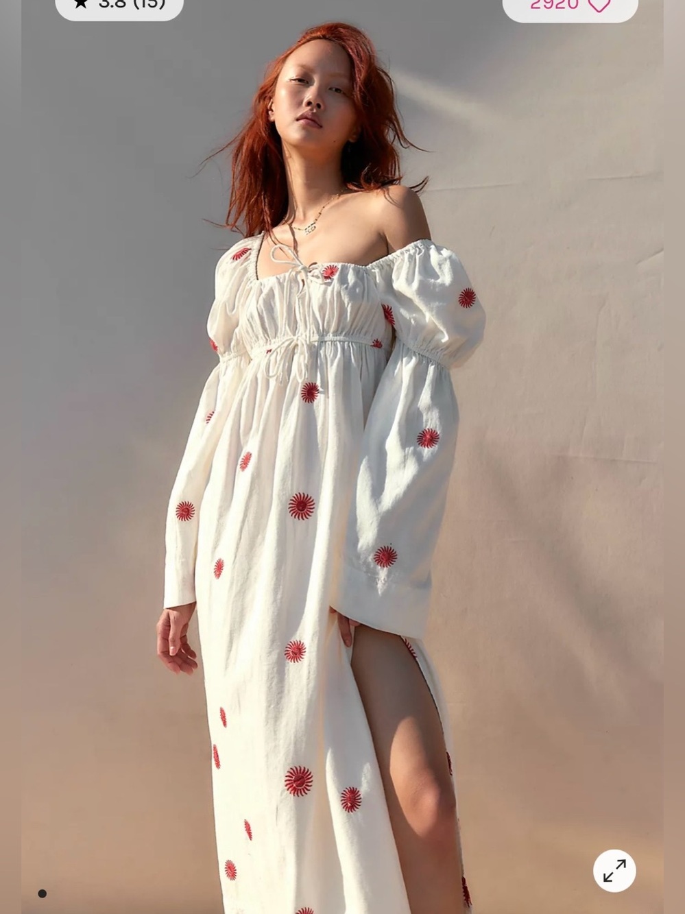 Free People White Maxi Dress with Red Sunburst Embroidery
